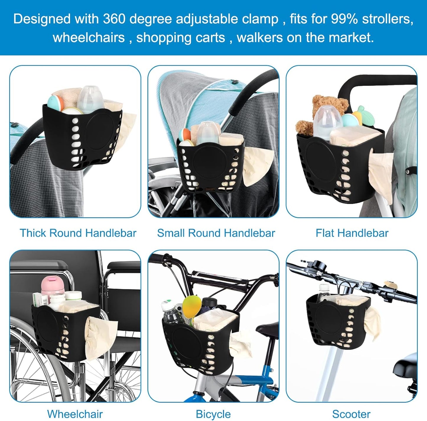 Accmor Stroller Cup Holder Basket, Universal Cup Holder, Bike Bottle Holder, 360° Rotatable Large Caliber Drinks Holder for Stroller, Bike, Wheelchair, Walker