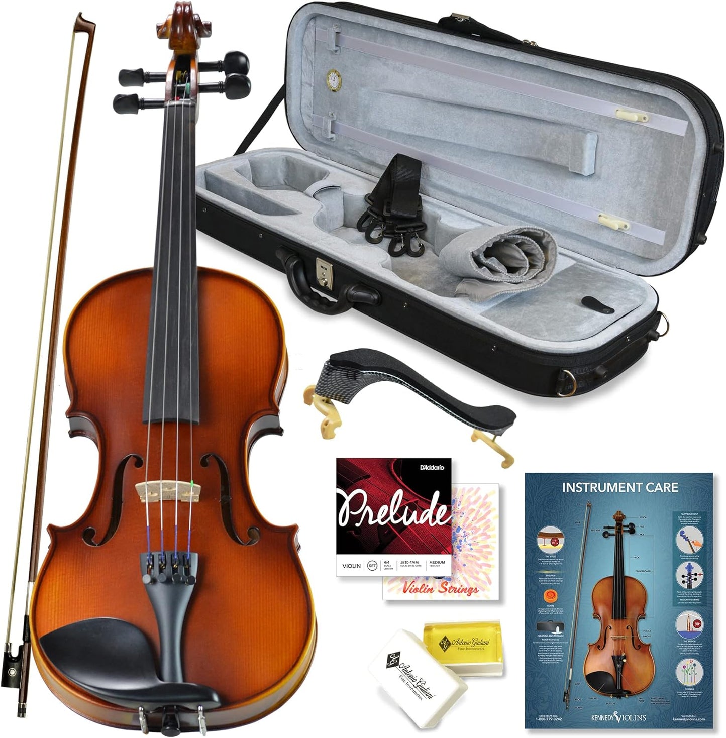 Bunnel Pupil Violin Outfit 3/4 Size By Kennedy Violins - Carrying Case and Accessories Included - Solid Maple Wood and Ebony Fittings