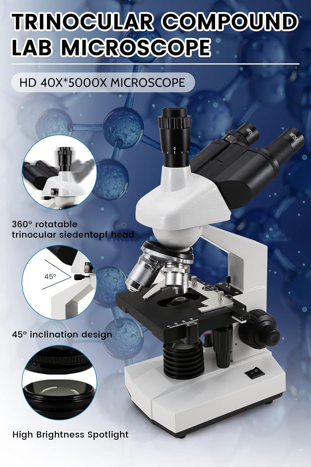 40X-5000X Compound trinocular Microscopes trinocular fo Adults, with 5.0 mp Camera with Microscope Slides 30p, Microscope Accessories, Microscopes Abbe Condenser