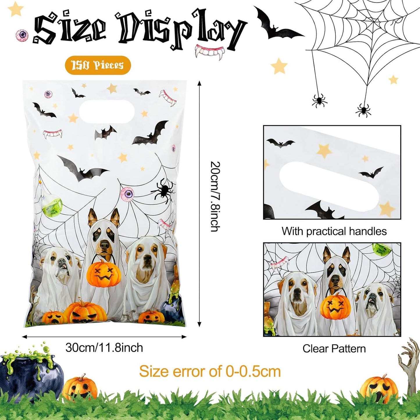 ReliThick 150 Pcs Halloween Dog Bags Ghost Dog Bags Kits Trick or Treat Ghost Themed Party Favor Storage Supplies Halloween Snack Candy Pouches Packaging for Kids Party Decorations Supplies Favors