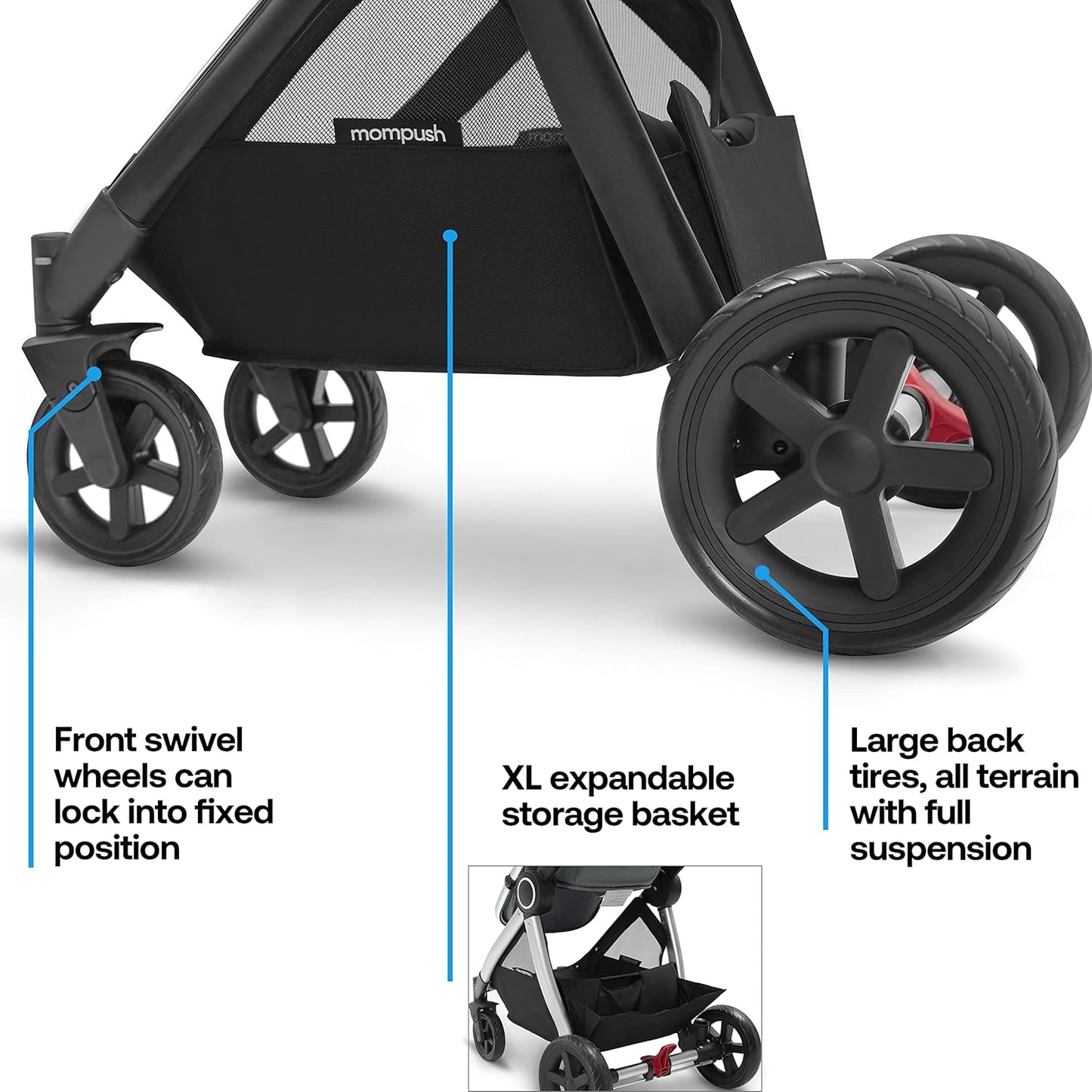 Mompush Ultimate 2 Baby Stroller for Infant and Toddler with Newborn Mode and Reversible Seat, All-Terrain Stroller with All-Wheel Suspension, Includes Car Seat Adapter and Large Storage Basket