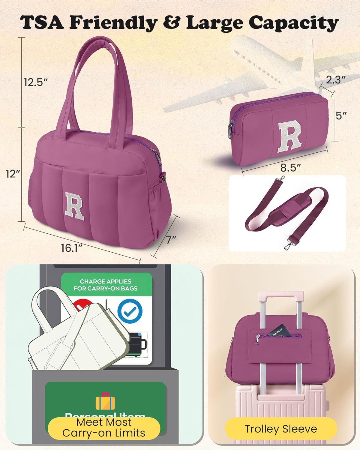 Duffle Bag with Initial, Spend The Night Bags for Women，Overnight Bag with Wet Pocket，Gift Set for Women-Lightweight Travel Bags Personalized Gym Tote with Makeup Pouch