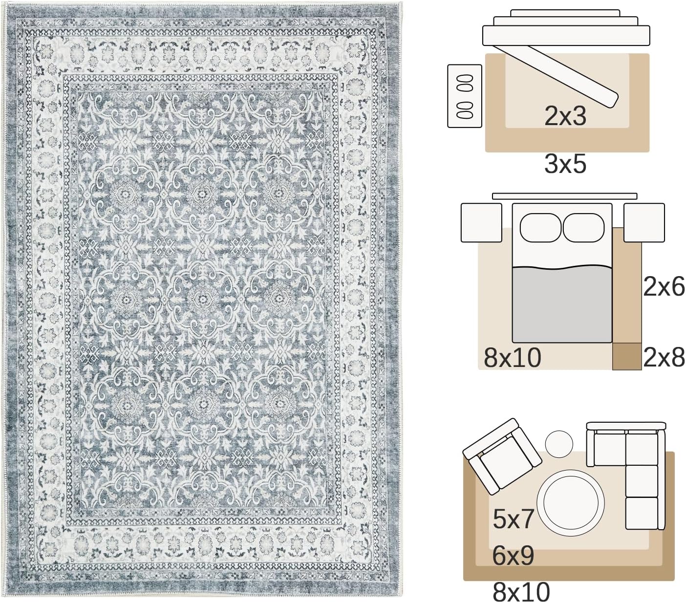 jinchan Floral 2x3 Rugs for Entryway - Machine Washable Grey Vintage Distressed Boho Design Soft Faux Wool Small Non-Slip Doormat for Entrance Kitchen Living Room Bedroom Farmhouse (2‘x3',Grey)
