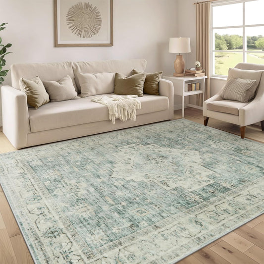 LIVEBOX Washable Area Rug 6x9 Rugs for Living Room Dining Room Under Table, Non-Slip Boho Indoor Carpet for Bedroom, Low-Pile Farmhouse Soft Carpets for Nursery Playroom, Sage Green
