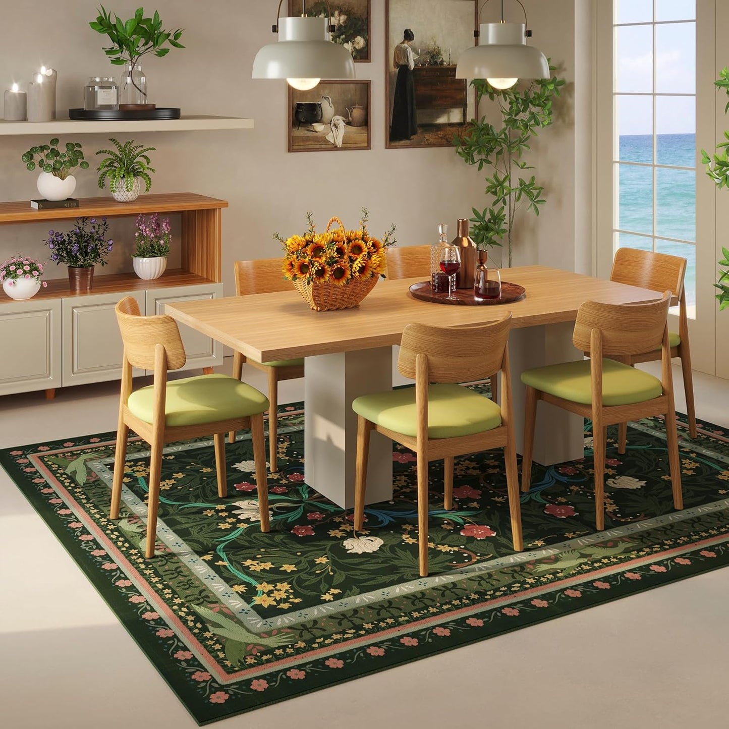 5x7 Washable Rug Vintage Floral Botanical Area Rug Non Slip Low Pile Large Rugs for Living Room, Bedroom, Farmhouse, Dining Room, Kids Playroom, Green