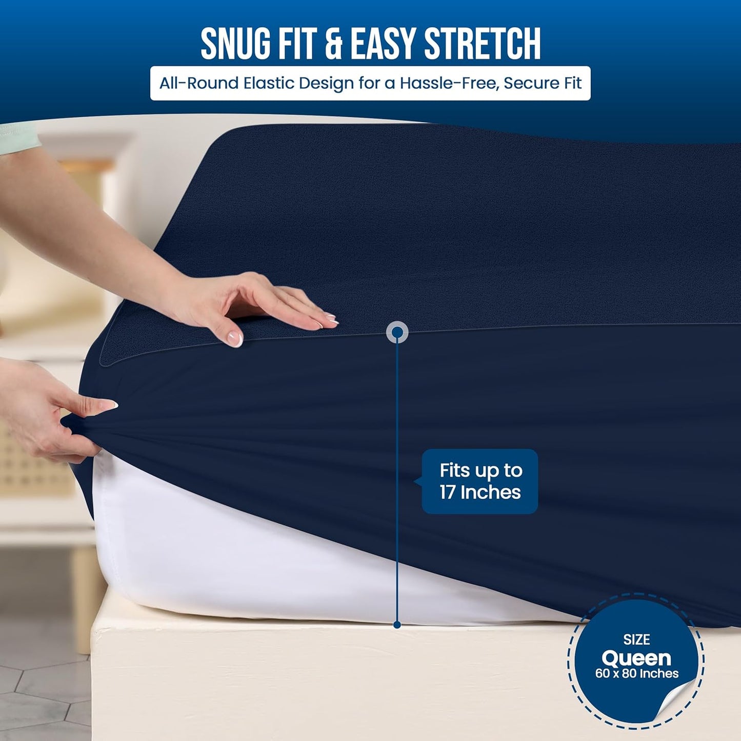 Utopia Bedding Waterproof Mattress Protector Queen Size, Premium Terry Mattress Cover 200 GSM, Breathable, Fitted Style with Stretchable Pockets (Navy Blue)