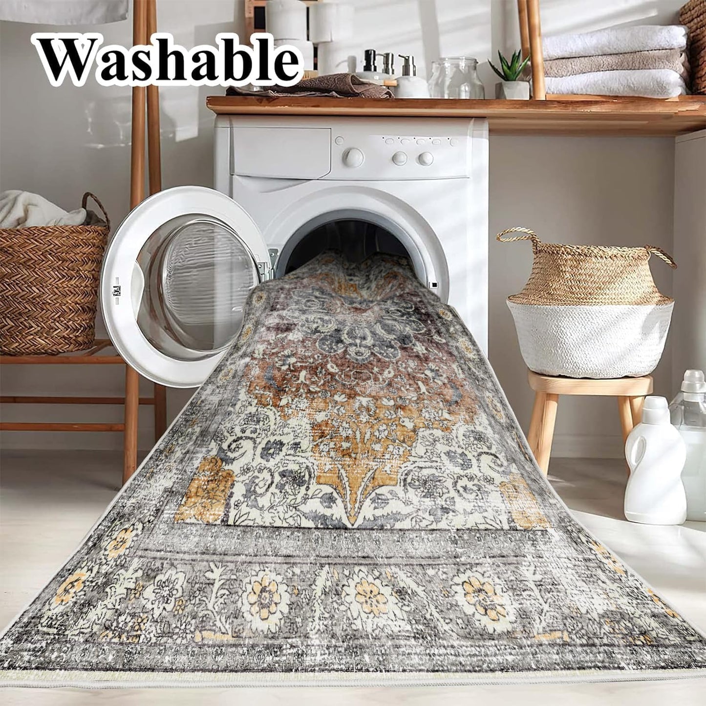 Area Rug 8x10 Washable Rug Taupe Vintage Traditional Mat Distressed Indoor Foldable Thin Retro Accent Rug Floral Print Non Slip Carpet Living Room Dining Room Office