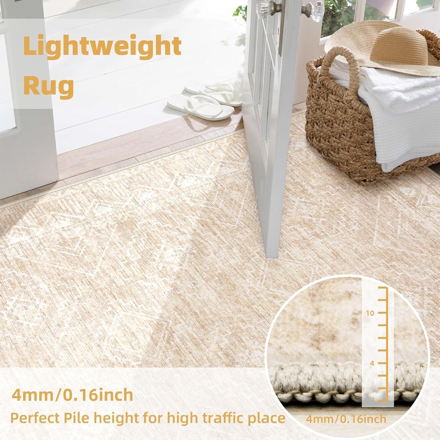 Moroccan Area Rug 2x3 - Washable Distressed Entryway Rug Non-Slip Small Rug, Soft Low-Pile Geometric Farmhouse Indoor Door Mat Floor Carpet for Entrance Bedroom Kitchen Bathroom (2 x 3, Beige)
