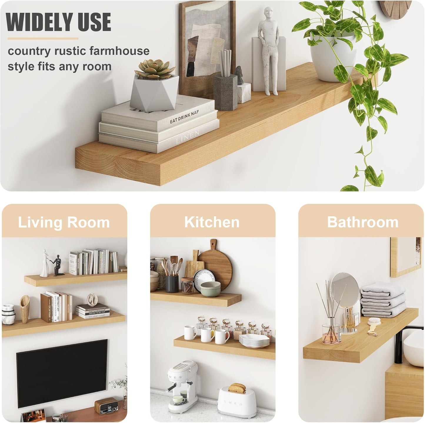 Floating Shelves for Wall, USA-Sourced Brich Wood 24 Inch Wall Shelves Set of 2, Natural Wooden Mounted Picture Ledge Shelf, Nursery Book Storage Shelf Kids Bookshelf Display, Shelf for Bathroom