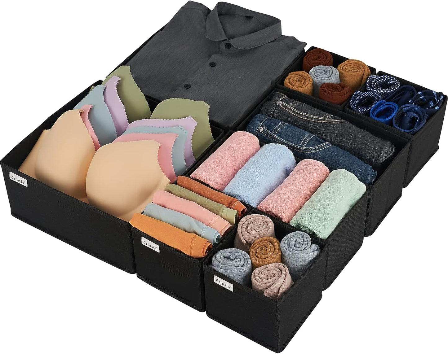 Drawer Organizer Clothes, 8 Pack Underwear Drawer Organizer, Foldable Cloth Storage Box Closet Organizers and Storage for Clothes, Socks, Scarves, Ties (Black)