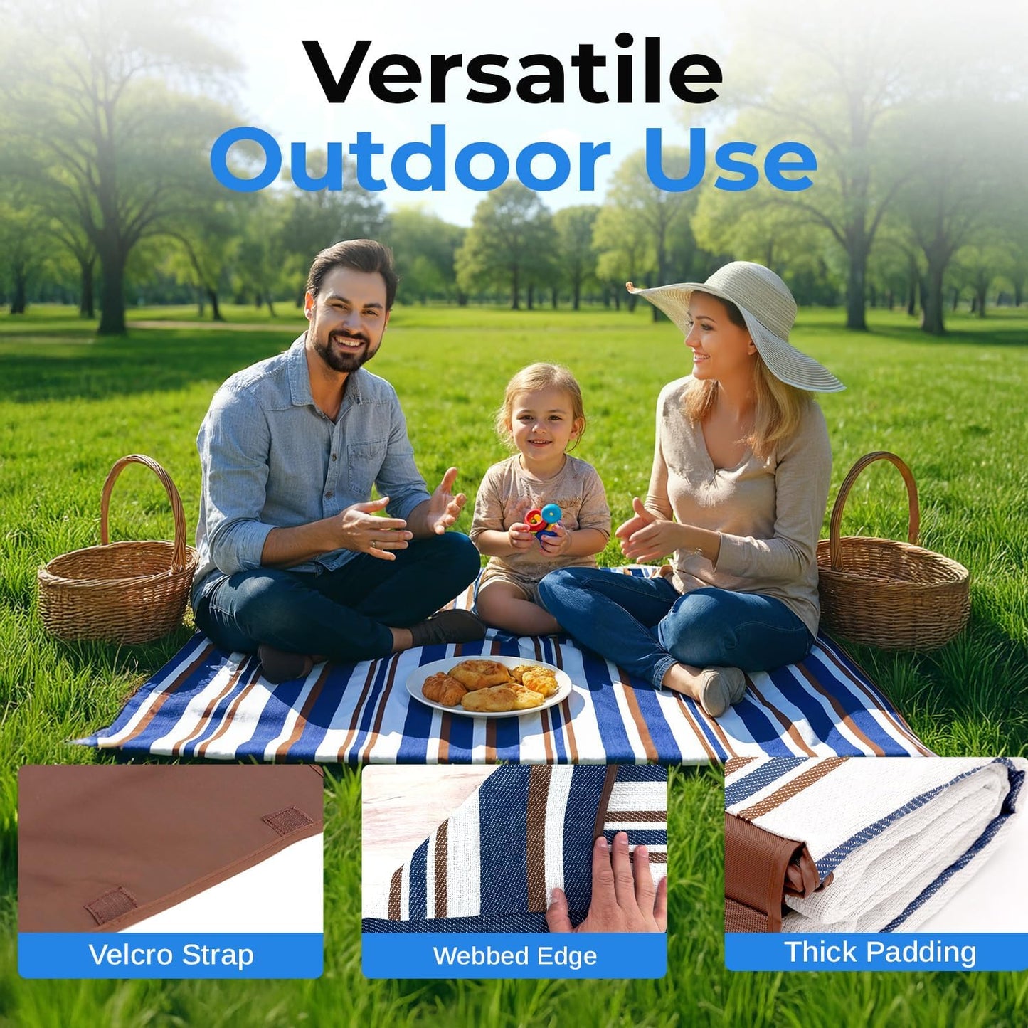 scuddles Extra Large Picnic & Outdoor Blanket Dual Layers for Outdoor Water-Resistant Handy Mat Tote Spring Summer Camping Blanket Great for The Beach