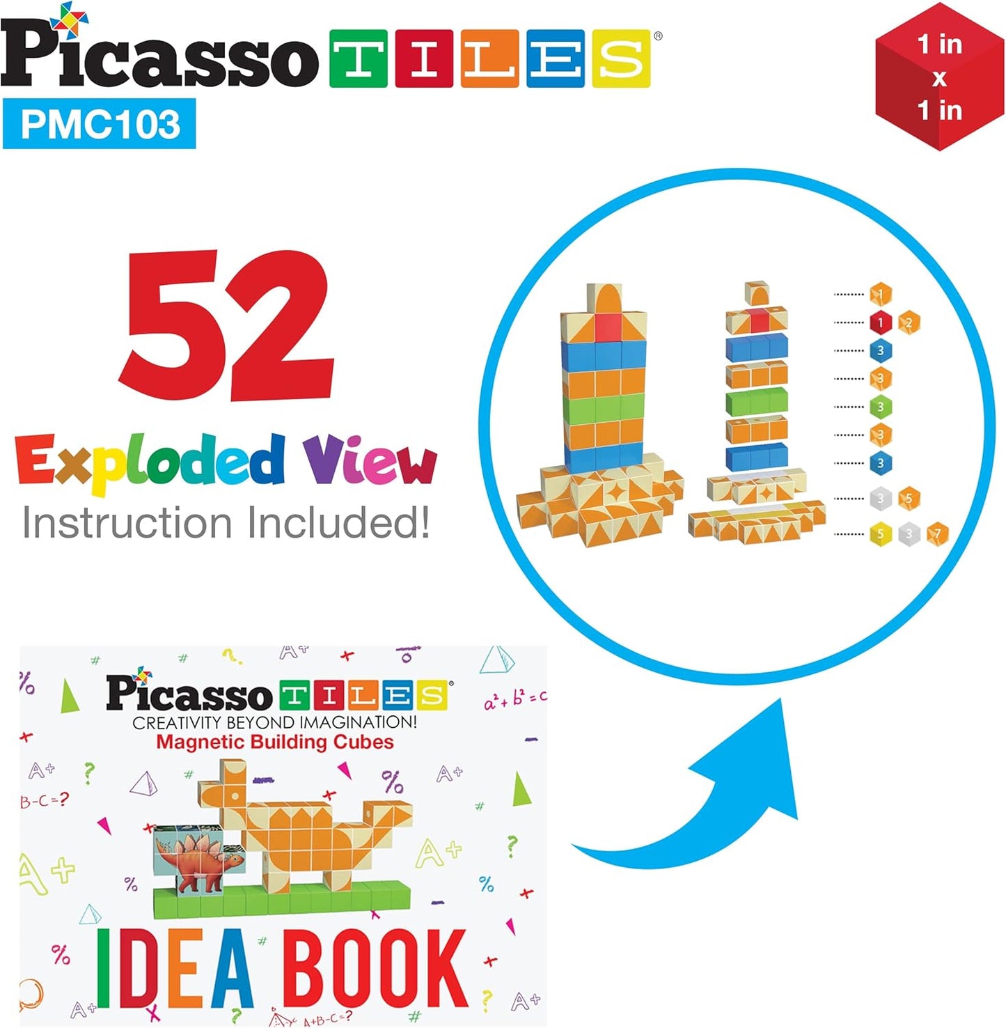PicassoTiles 103 Pieces 1" Magnetic Toy Building Block Cubes Building Block, 3D Cube Construction Cubes Magnet Sensory Toys Gifts Educational with Free Idea Book for Kid, Boy, Girl & Toddler PMC103