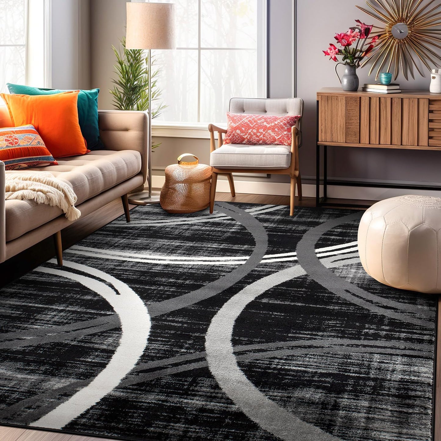 Rugshop Modern Wavy Circles Design Area Rug 7'10" x 10'2" Black
