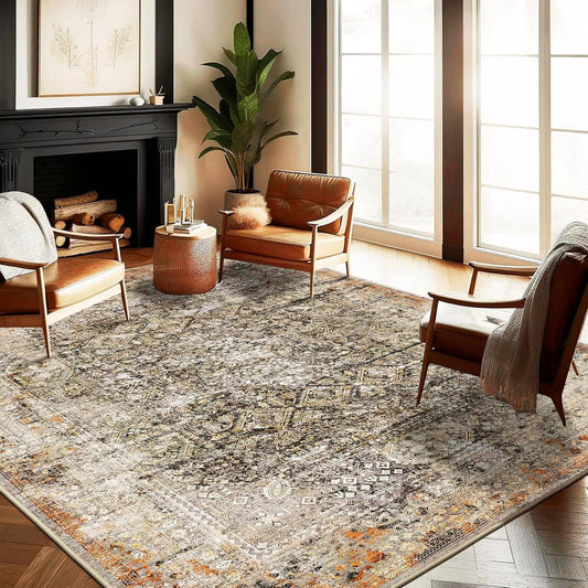 Area Rug 6'x9' Washable Vintage Traditional Floor Cover Thin Retro Kitchen Indoor Distressed Non Slip Carpet Floral Print Mat for Living Room Bedroom Dining Room