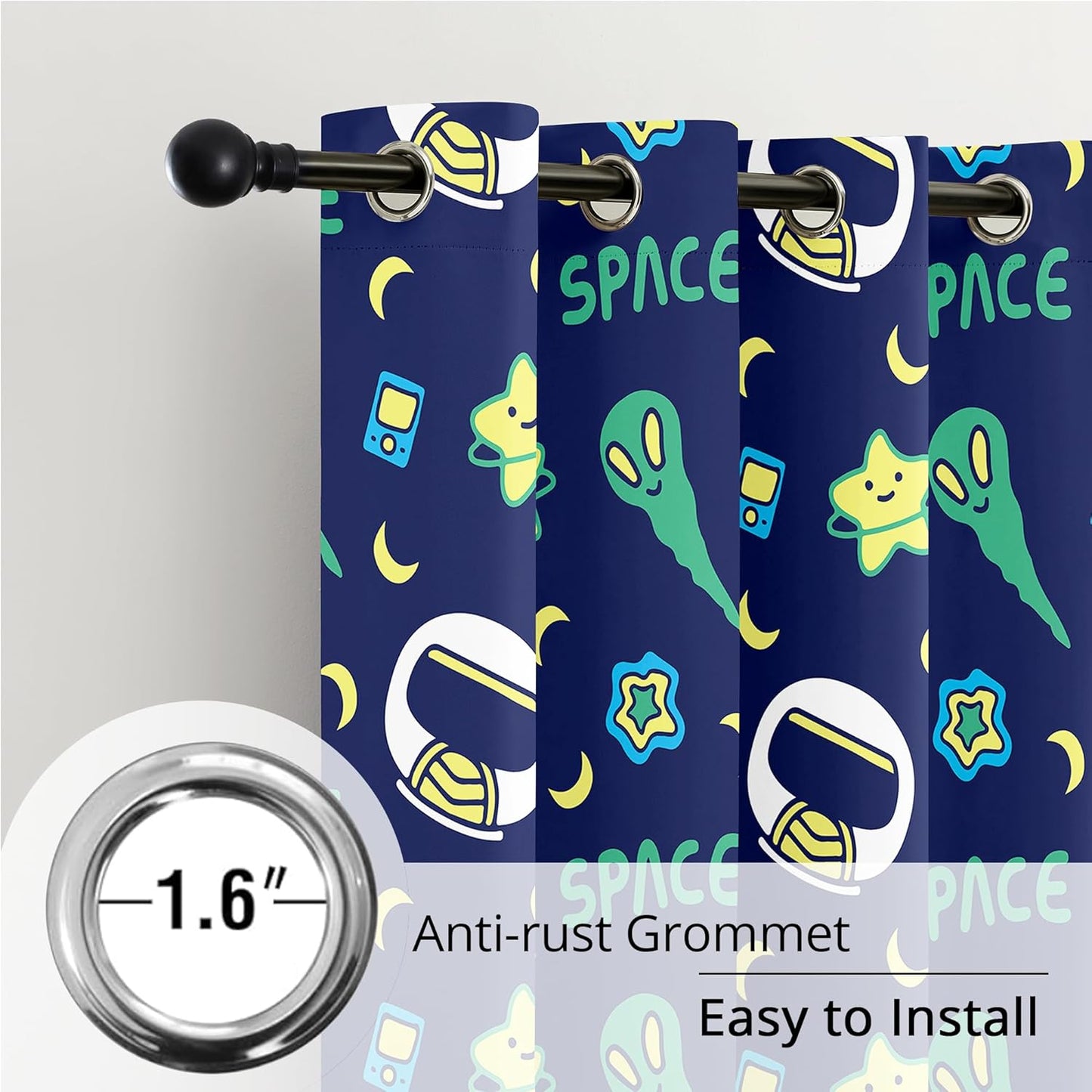 Kids Space Alien Blackout Curtains - 100% Blackout, Thermal Insulated, Noise Reducing, Perfect for Kids Room and Nursery, 2 Panels (Friendly Alien, W52×L63)