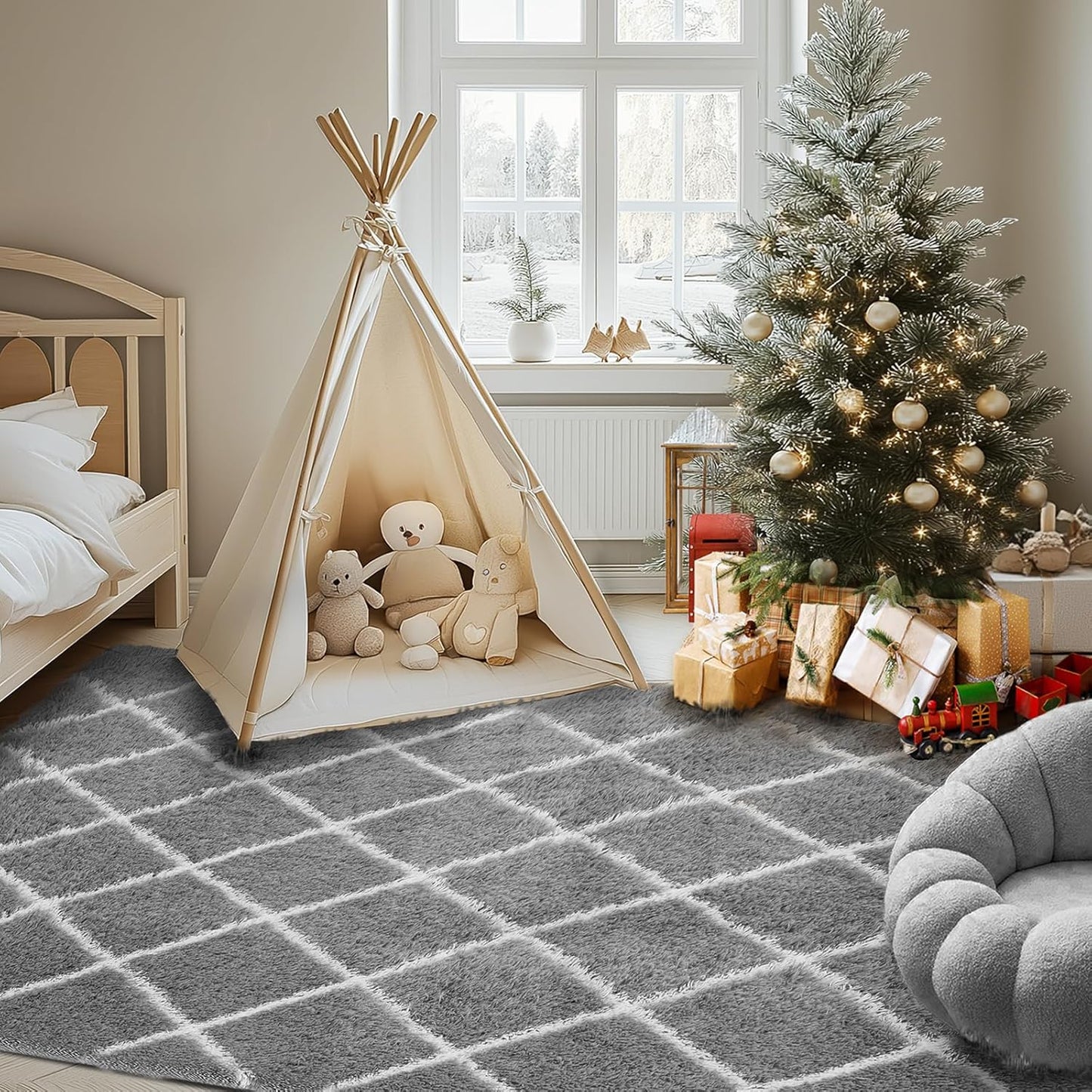 Fluffy Rug for Bedroom, Stripe Checkered Rug Anti-Skid High Pile for Living Room Bedroom Kids Room Nursery, Dorm Home Decor