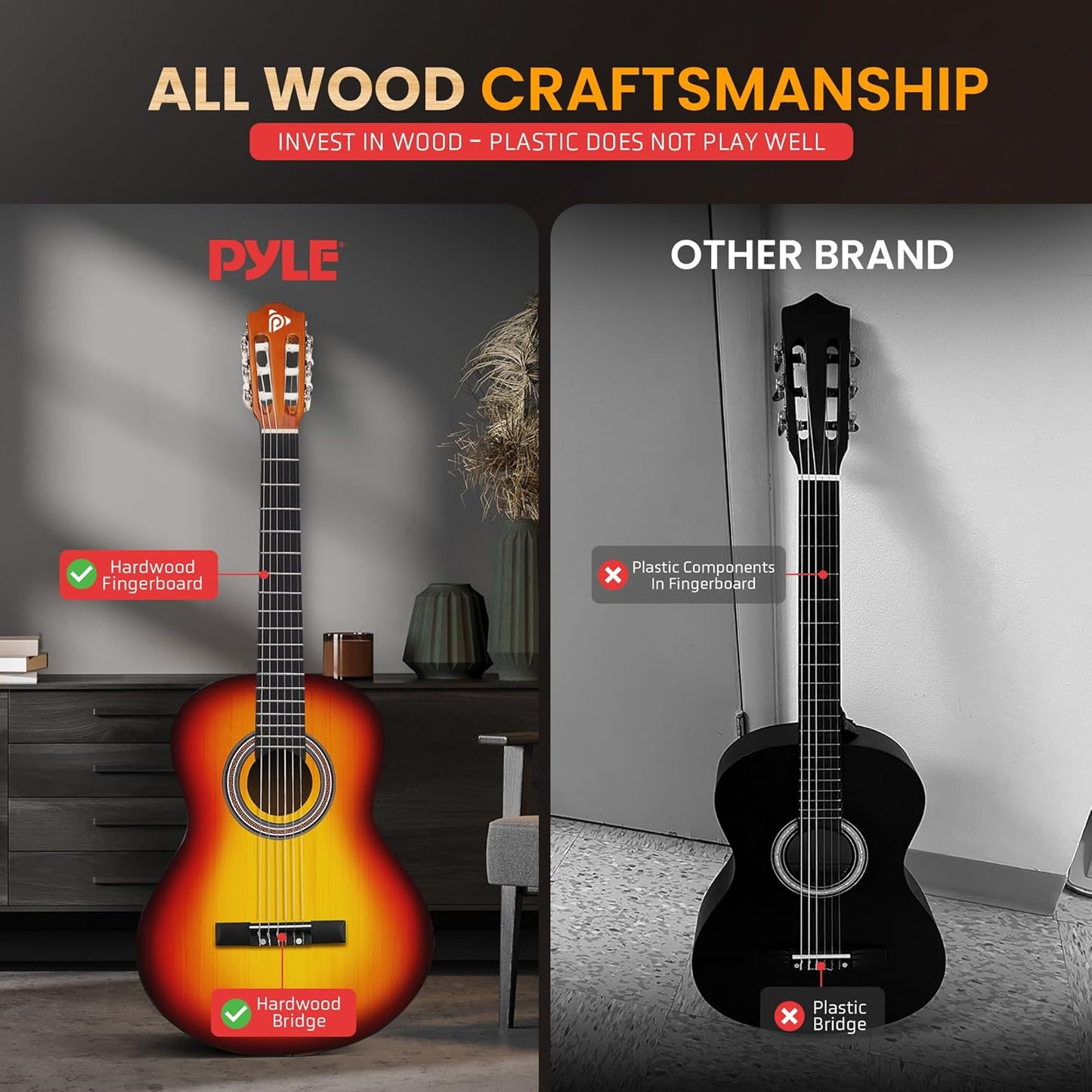 Pyle 6 String Acoustic Guitar, Right, 6 Brown Burst, Gloss, 36" (PGACLS82BB)