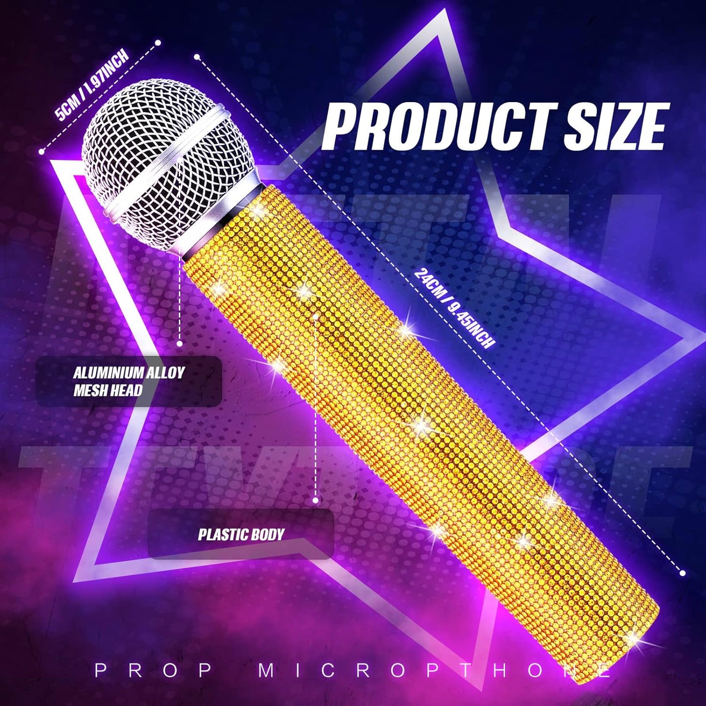 Sanwuta Fake Microphone Prop Sparkly Bling Rhinestones Plastic Play Microphone Pretend Glitter Bedazzled Mic for Cosplay Party Costume(Gold)