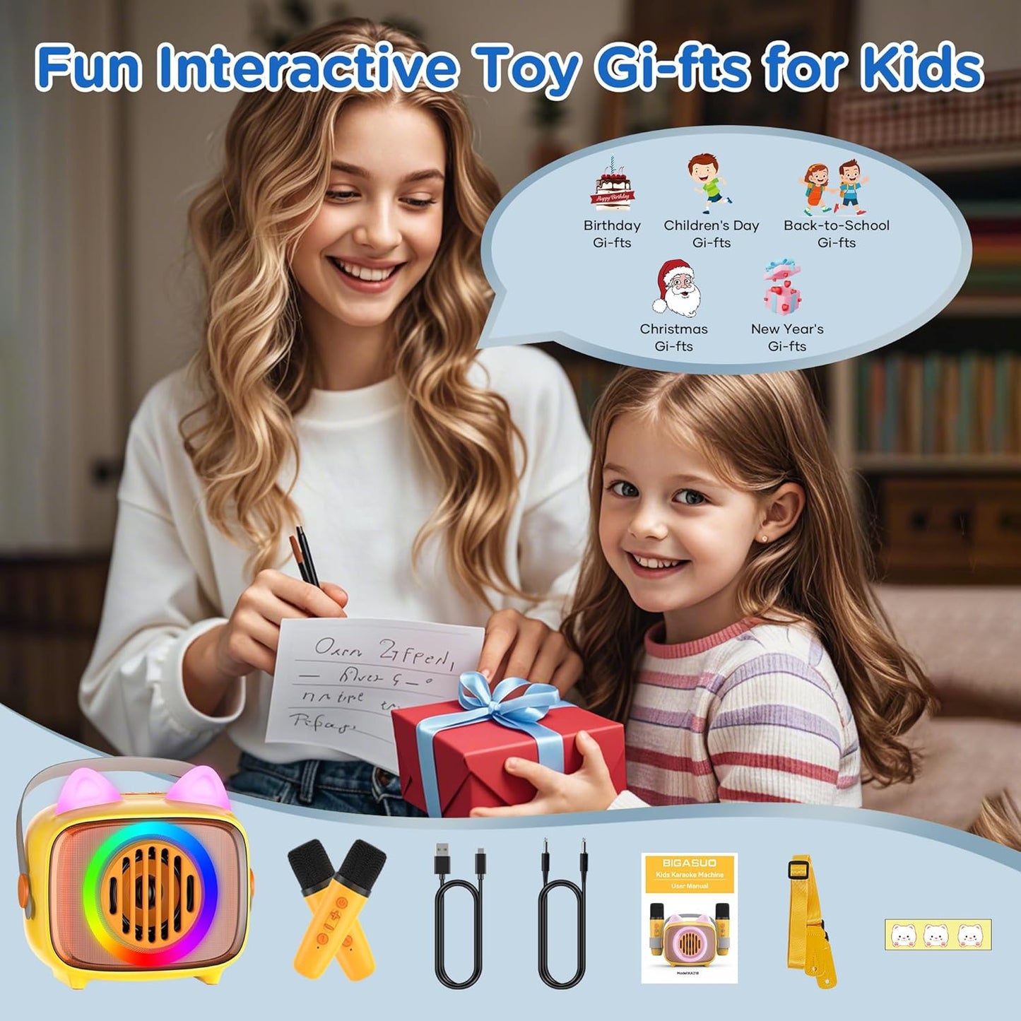 BIGASUO Karaoke Machine for Kids, Mini Portable Bluetooth Speaker with 2 Wireless Microphones and LED Lights, Kids Toys Ideal Gifts for Girls & Boys Birthday Home Party Yellow-2Pack