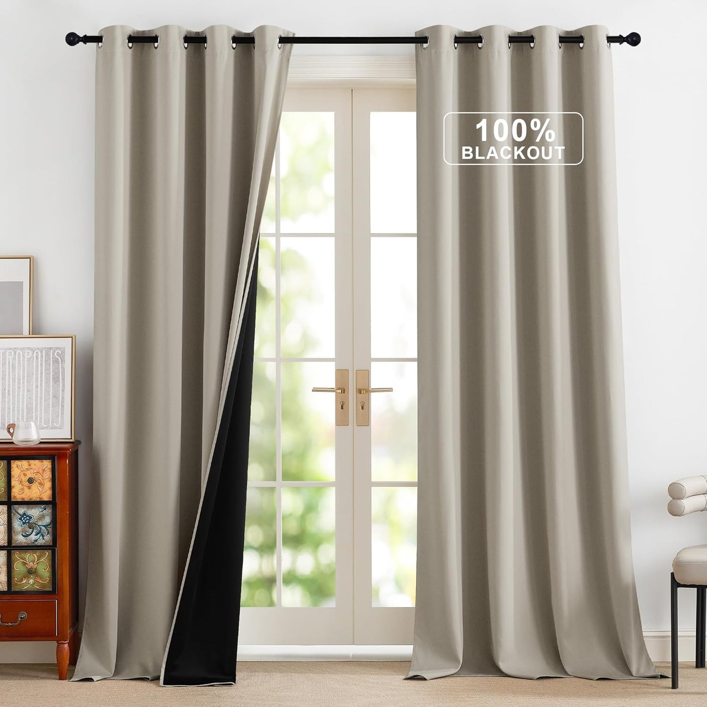 NICETOWN Blackout Curtains for Bedroom, Grommet Privacy 100% Blackout 96 inches Length Thermal Insulated Curtains for Living Room, 2 Panels, 52W x 96L, Natural