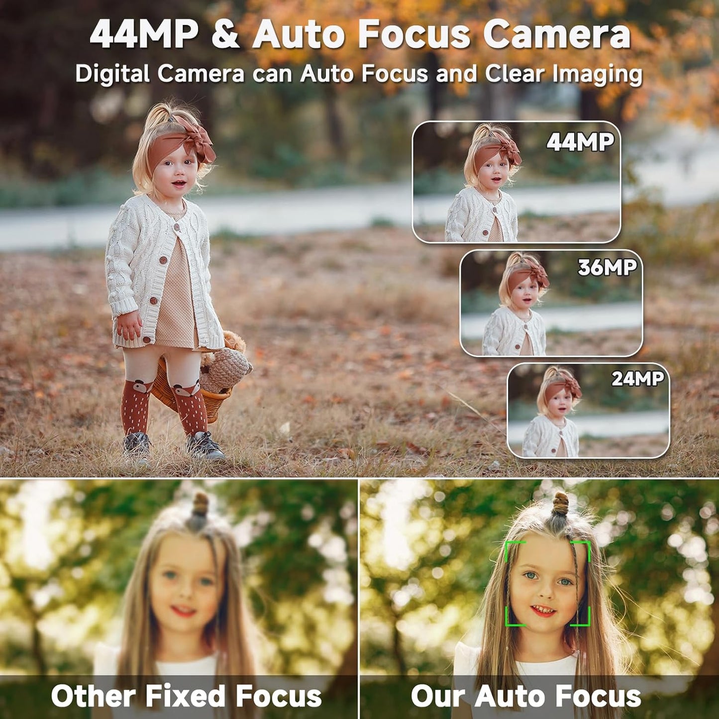 Digital Camera FHD 4K Kids Camera 44MP with 64GB SD Card 2 Batteries Autofocus 16X Digital Zoom Compact Portable Point and Shoot Digital Small Vintage Camera for Teens Boys Girls Students (Black)