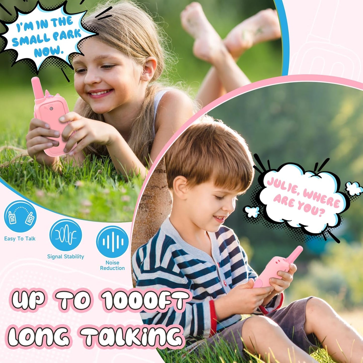 Pink Walkie Talkies with Silicone Cover, Toys for 3-8 Year Old Girls Boys, Kids Walkie Talkies 1000FT Range 2 Way RadioToy Christmas Birthday Gifts for 6-10 Year Old Girls Boys
