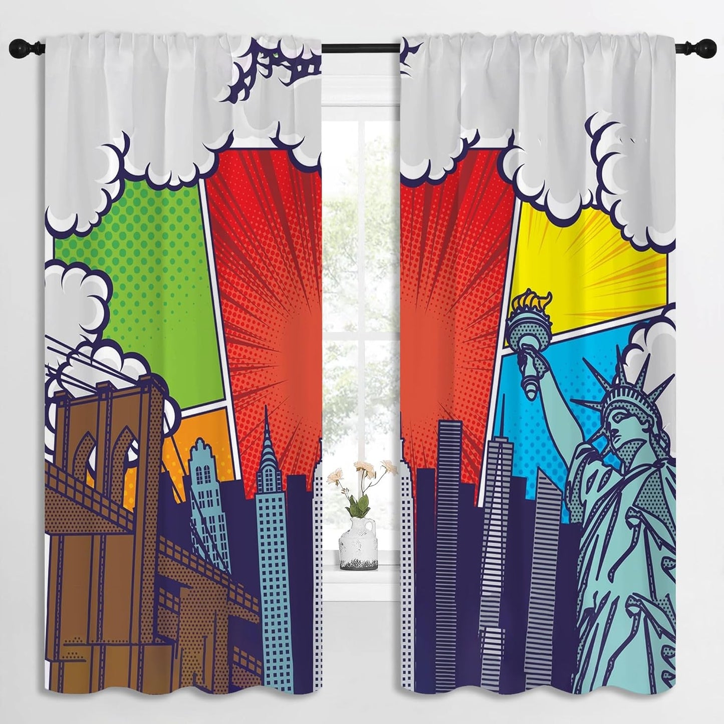 City Rod Pocket Blackout Curtains for Boy Girl Bedroom, Pop Art Style New York Cityscape Home Energy Efficient Light Filtering Window Curtain for Living Room, 84x63 inch