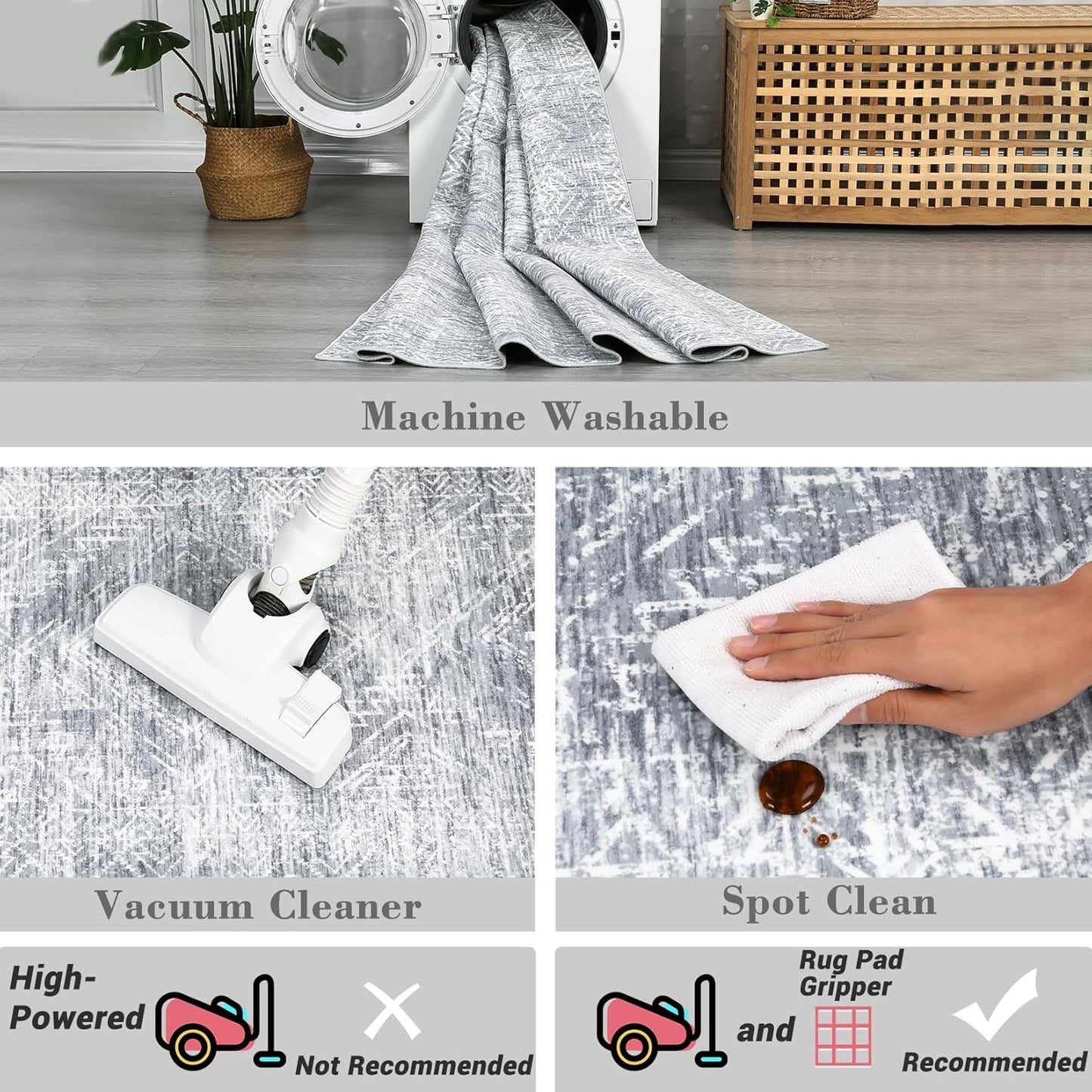 COZYLOOM Area Rug 4x6 Modern Washable Distressed Accent Carpet with Non-Slip Backing, Ultra-Soft Contemporary Geometric Floor Mat for Living Room, Kitchen, Bedroom, Grey