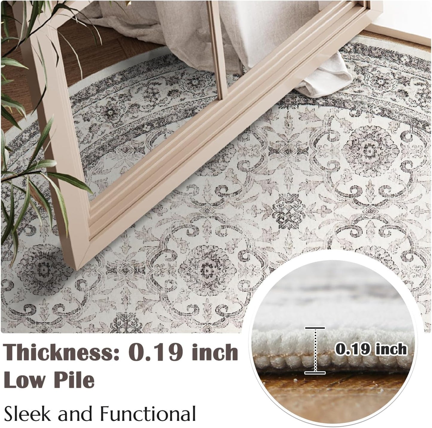 jinchan Round Rug 8ft Washable Circle Soft Rug - Low Pile Vintage 8'Round Indoor Beige Floral Print Stain Resistant Boho Carpet Ultra-Thin Non-Slip for Living Room Bedroom Dining Room Kitchen