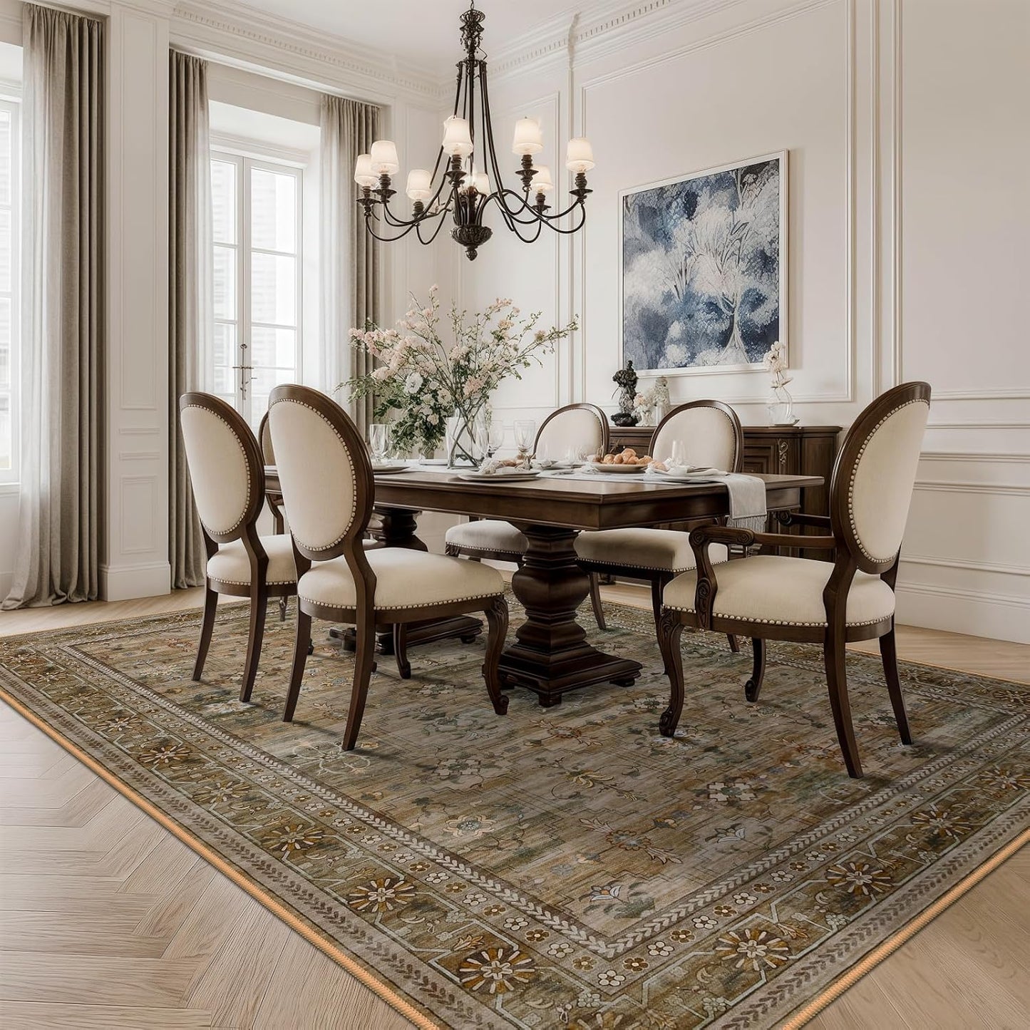 4x6 Area Rug for Bedroom Machine Washable, Non Slip Vintage Floral Kitchen Rugs for Dining Room, Low Pile Indoor Floor Print Carpet for Nursery Farmhouse Home Office Olive/Charcoal