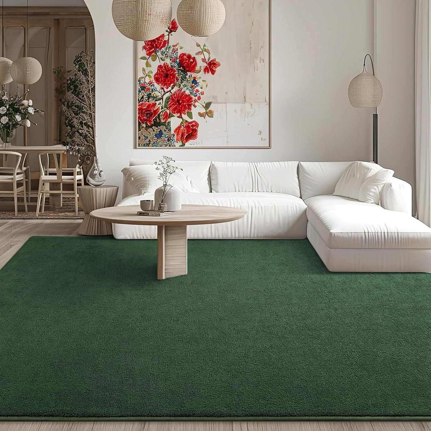 Kimicole 7x10 Washable Area Rugs for Living Room Bedroom, Large Low Pile Ulta-Thin Solid Color Rug, Non-Slip Soft Fluffy Carpet for Nursery Kids Room Dorm Room Home Decor (Dark Green)
