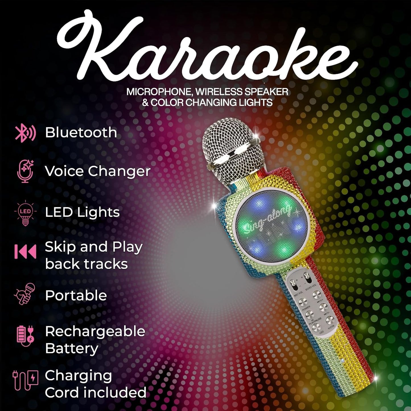 Sing-Along Bling Bluetooth Karaoke Microphone and Bluetooth Stereo Speaker All-in-One (Rainbow Bling)