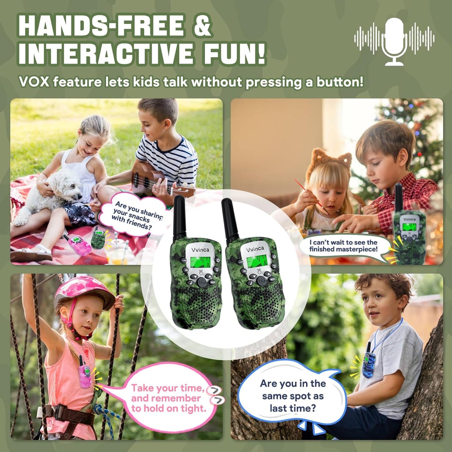 Vvinca Walkie Talkies for Kids Rechargeable 3 Pack, Army Toys for Boys Girls Ages 3-13 Outdoor Military Camping Toy Birthday Gift, Walkie-Talkie 3KM Long Range 2 Way Radios 22 CH with Flashlight