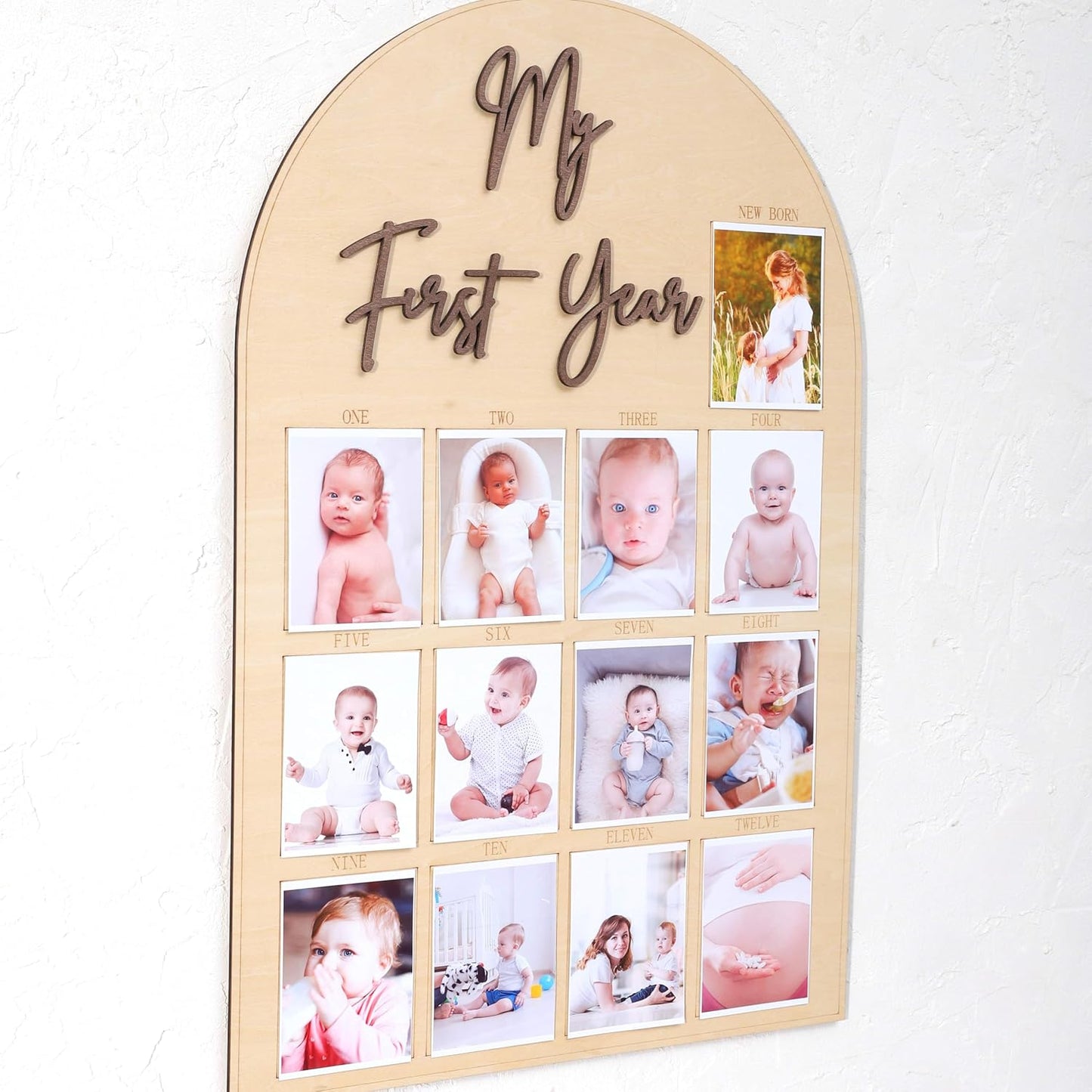 One Year Wood Photo Board - My First Year Month Milestone Board, Girl/Boy 1st Birthday Decorations, 12 Months Banner