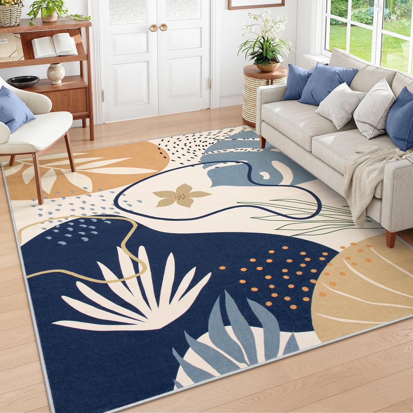 Lahome Washable Area Rug - 8x10 Non-Slip Ultra-Thin Large Area Rug, Soft Bedroom & Living Room Rug, Boho Botanical Print Indoor Stain Resistant Floor Rug for Dining Room Table & Office