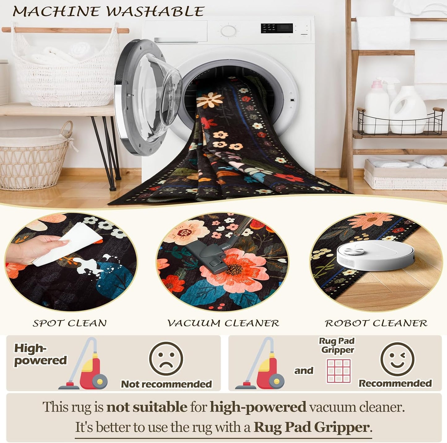 Floral 8x10 Area Rug Machine Washable Soft Print Boho Carpet Non Slip Doormat Low Pile Flower Area Rugs for Living Room Bedroom Nursery Kitchen Dining Room Indoor-Black