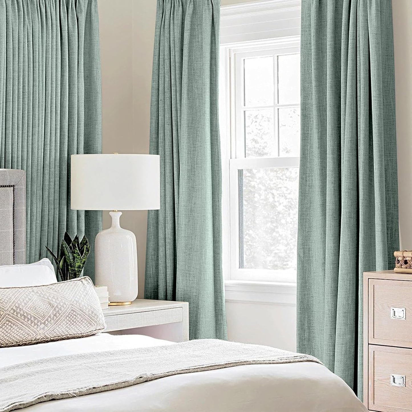 MIULEE Linen Texture Curtains for Bedroom Solid 100% Blackout Thermal Insulated Seafoam Green Curtains Grommet Room Darkening Drapes for Living Room Nursery 52x63 Inch (2 Panels)