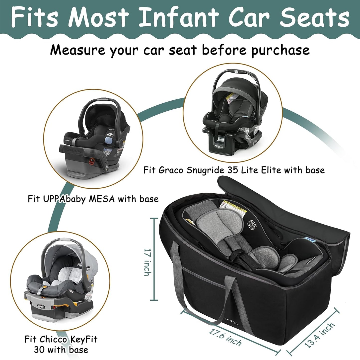 Car Seat Travel Bag Fit Graco SnugRide 35 Lite and Base, Chicco KeyFit 30 and Base, Car seat Bags for Air Travel, Padded Infant Carrier Bag with side pocket and Protective Feet, Extra small Bag
