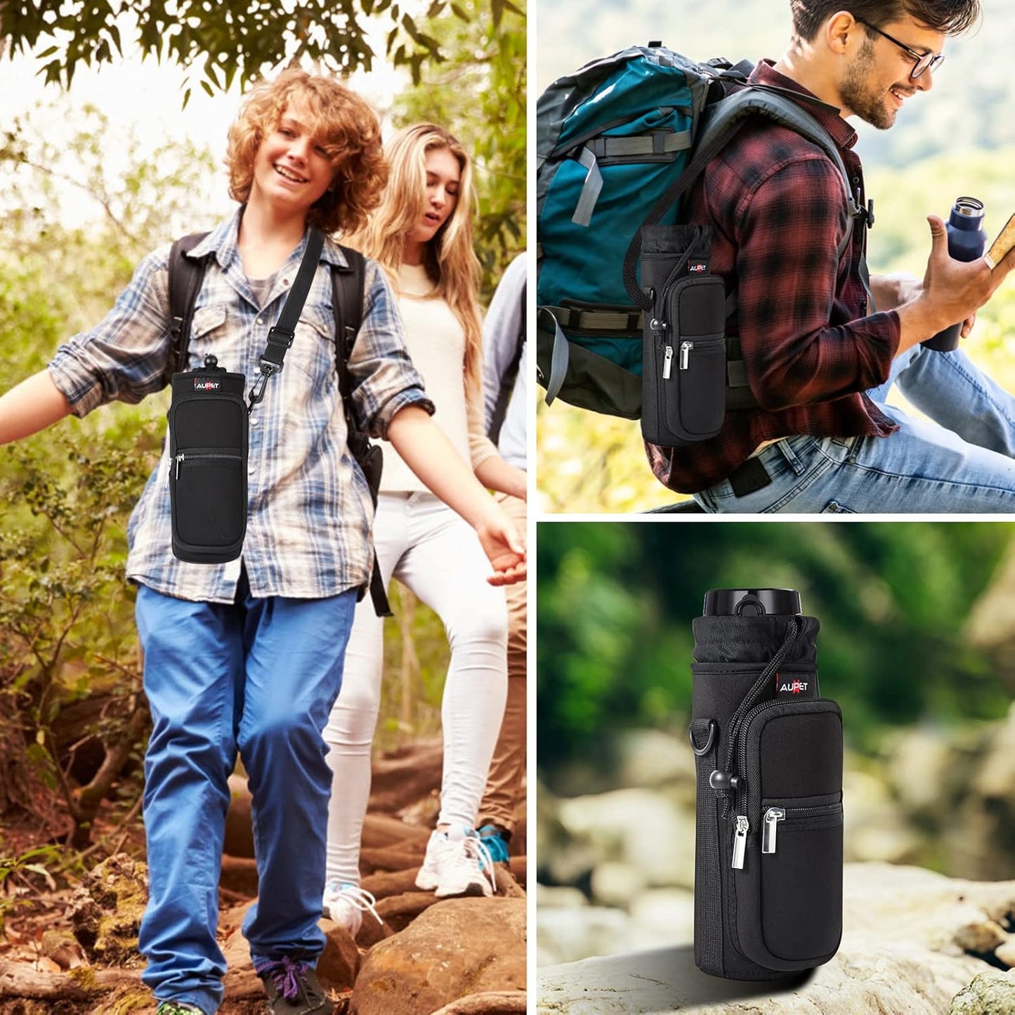 AUPET Water Bottle Sling Bag Sleeve Holder Carrier 25/32/40/64 oz,Insulated Crossbody Water Bottle Case Cover with Strap and Pockets for Men/Women Walking Hiking