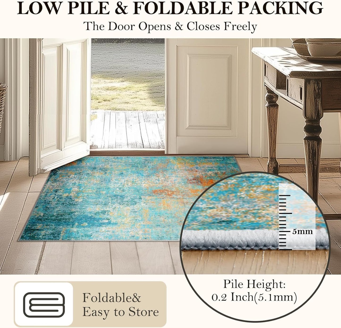Washable Area Rugs 4ft Non-Slip Modern Abstract Soft for Living Room Entryway Bedroom Nursery, Print Pattern, Teal Blue Green Orange Rust Red Colorful