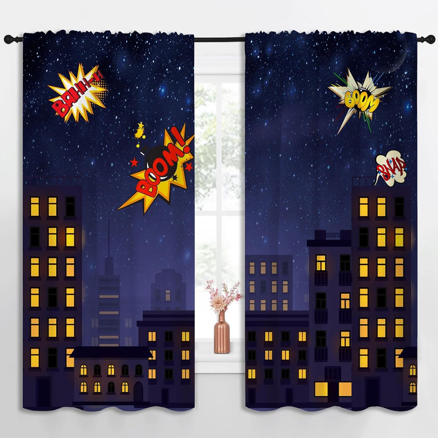 Super Hero Rod Pocket Blackout Curtains for Boy Girl Bedroom, Exploding City Starry Cartoon Skyline Thermal Insulated Home Window Drapes for Living Room Darkening, 55x63 inch