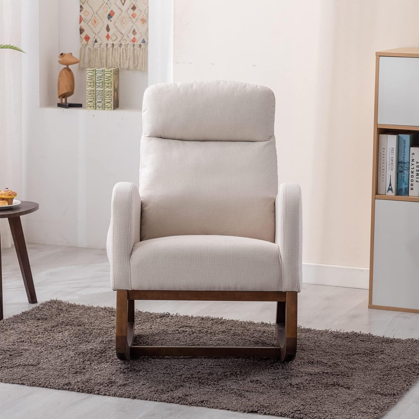 Dolonm Nursery Rocking Chair for Living Room, Upholstered Mid-Century Modern Nursery Rocking Armchair Tall Back Accent Glider Rocker, Beige