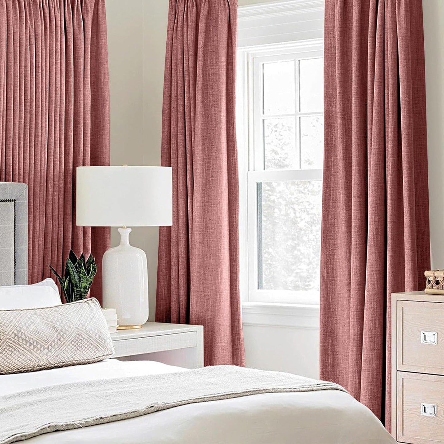 MIULEE 100% Blackout Linen Textured Curtains for Bedroom Solid Thermal Insulated Dusty Rose Grommet Room Darkening Curtains & Drapes Luxury Decor for Living Room Nursery 52 x 63 Inch (2 Panels)