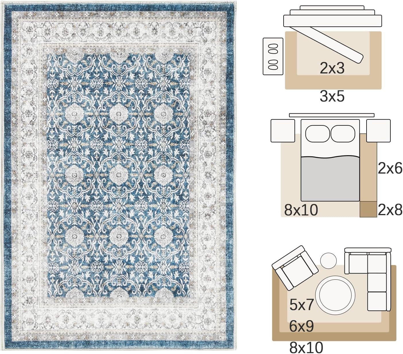 jinchan Floral Area Rugs 4x6 Machine Washable Vintage Distressed Boho Design Throw Rug Stain Resistant Carpet Low Pile Ultra-Thin Non-Slip for Bedroom Living Room Dining Room Kitchen(4‘x6',Drak Blue)