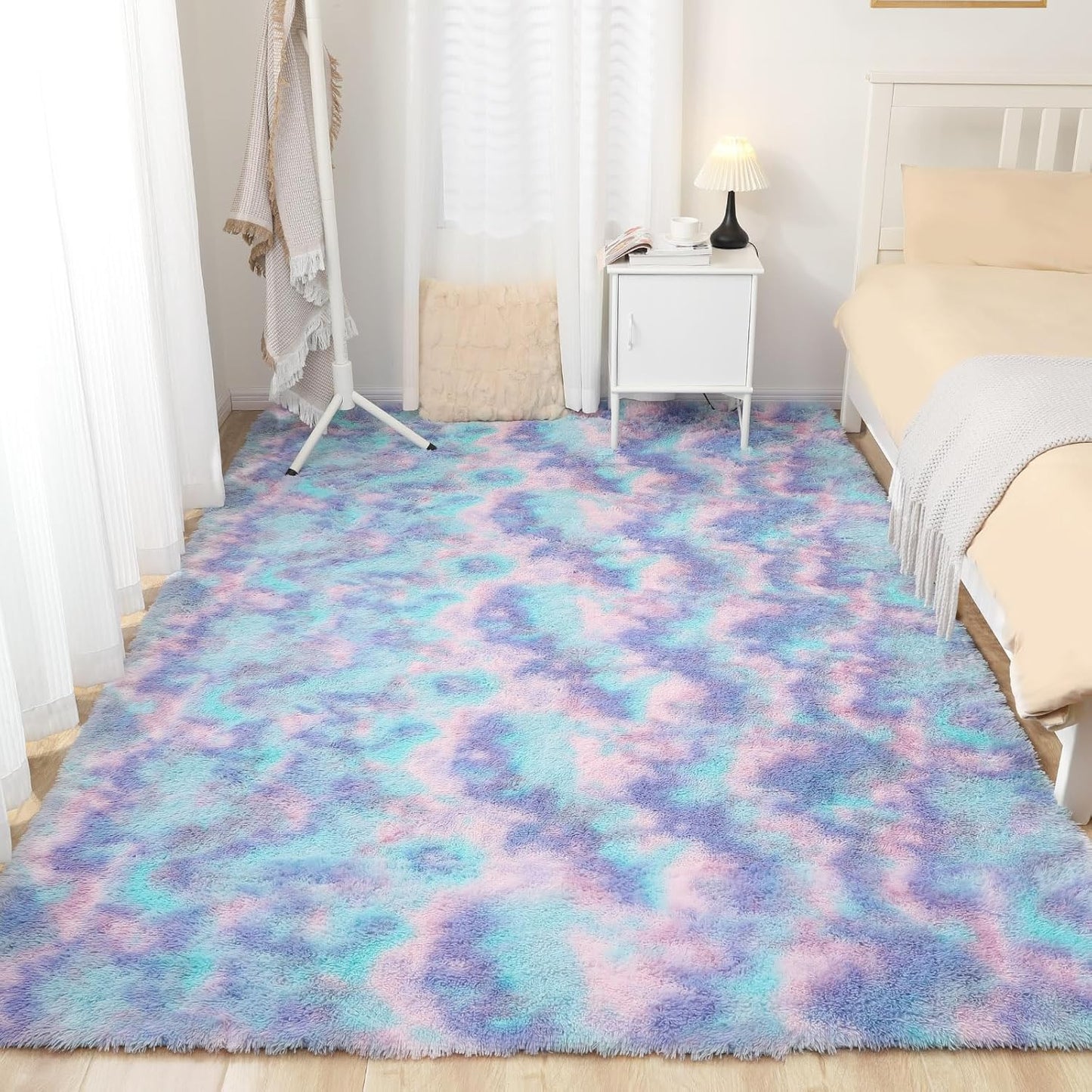 Rainbow Rug for Girls Room, 6x9 Fluffy Area Rugs for Bedroom, Colorful Kids Rug Cute Anti-Skid Indoor Carpet for Nursery, Living Room, Playroom, Home Decor