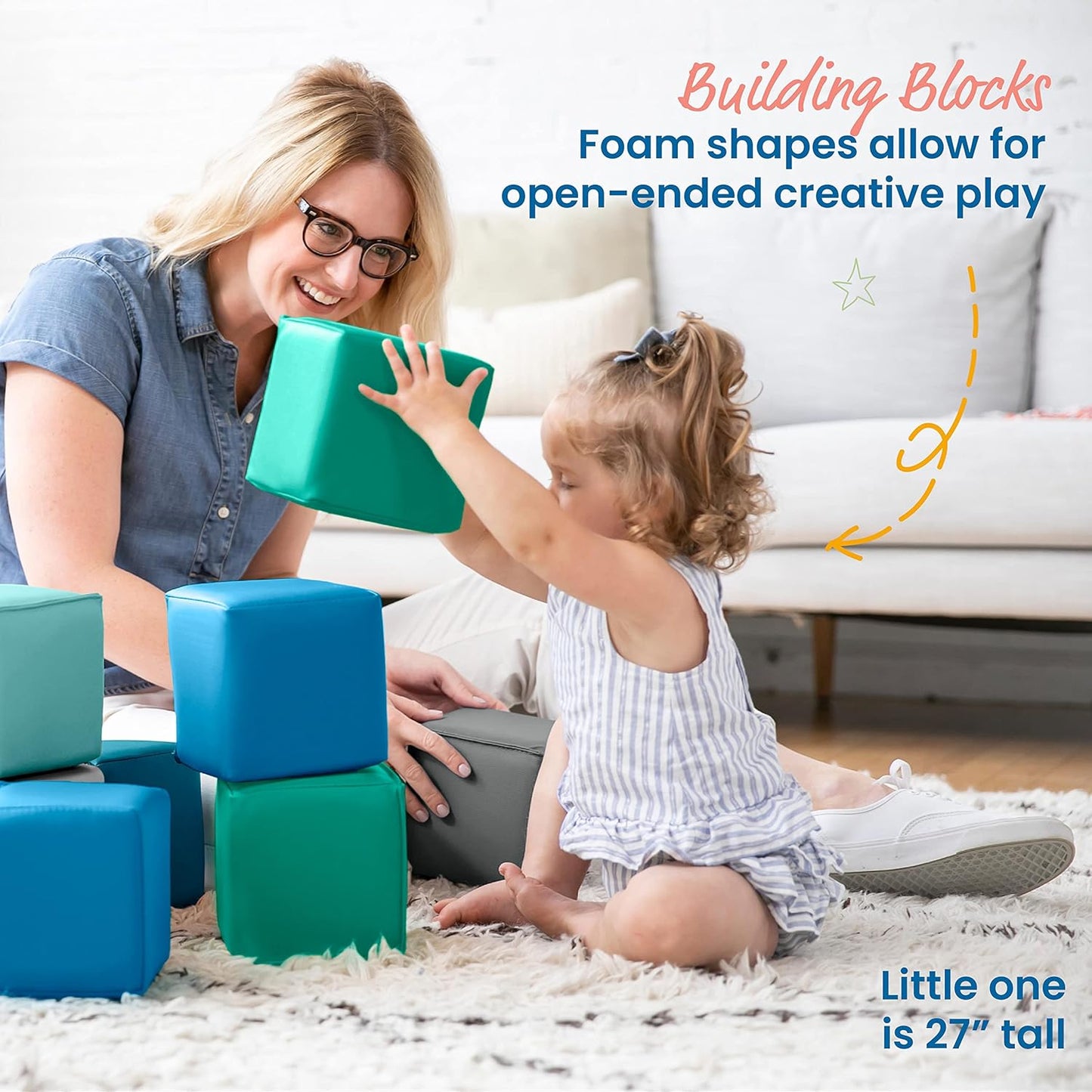 ECR4Kids SoftZone Patchwork Toddler Building Blocks, Foam Cubes, Contemporary, 12-Piece