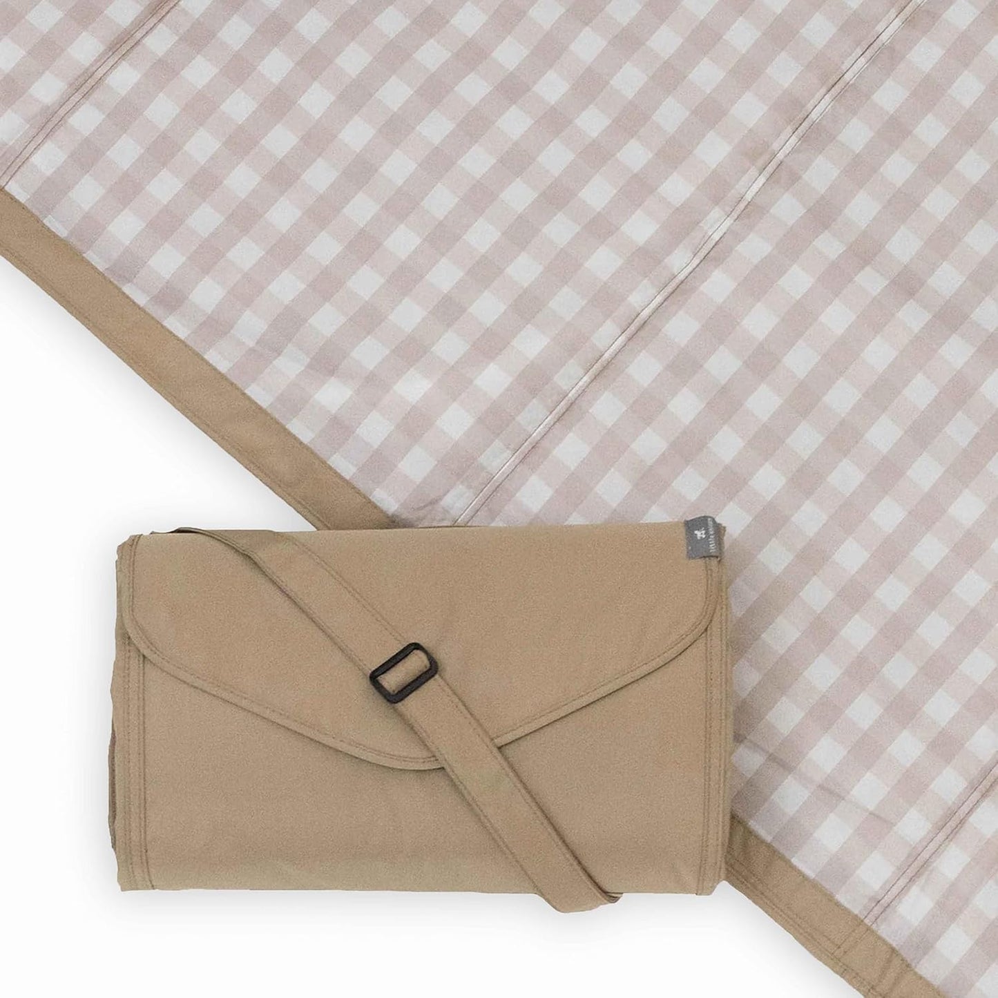 Little Unicorn 5'x5' Outdoor Family Picnic & Beach Blanket | Durable & Water-Resistant Fabric | Compact Fold & Easily Wipes Clean | Zipper Pocket (Beige Buffalo Check)