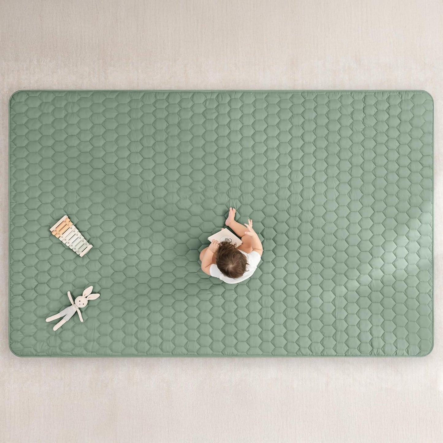 Comfy Cubs Rectangle Kids Play Mat - Large 60 x 96 inches Soft Quilted Baby Floor Mat with Non-Slip Bottom - Plush Design for Toddlers' Playtime and Relaxation - Comfortable and Durable - Fern