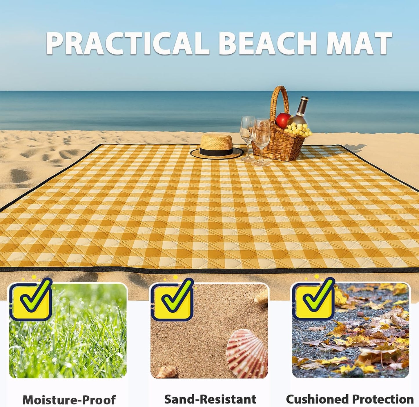 TigeJoy Extra Large Picnic Blanket Waterproof Foldable 60''x80'', Outdoor Picnic Mat Beach Blanket Sandproof for Park, Grass, Travel, Hiking, Camping Essentials, Gingham Picnic Blanket