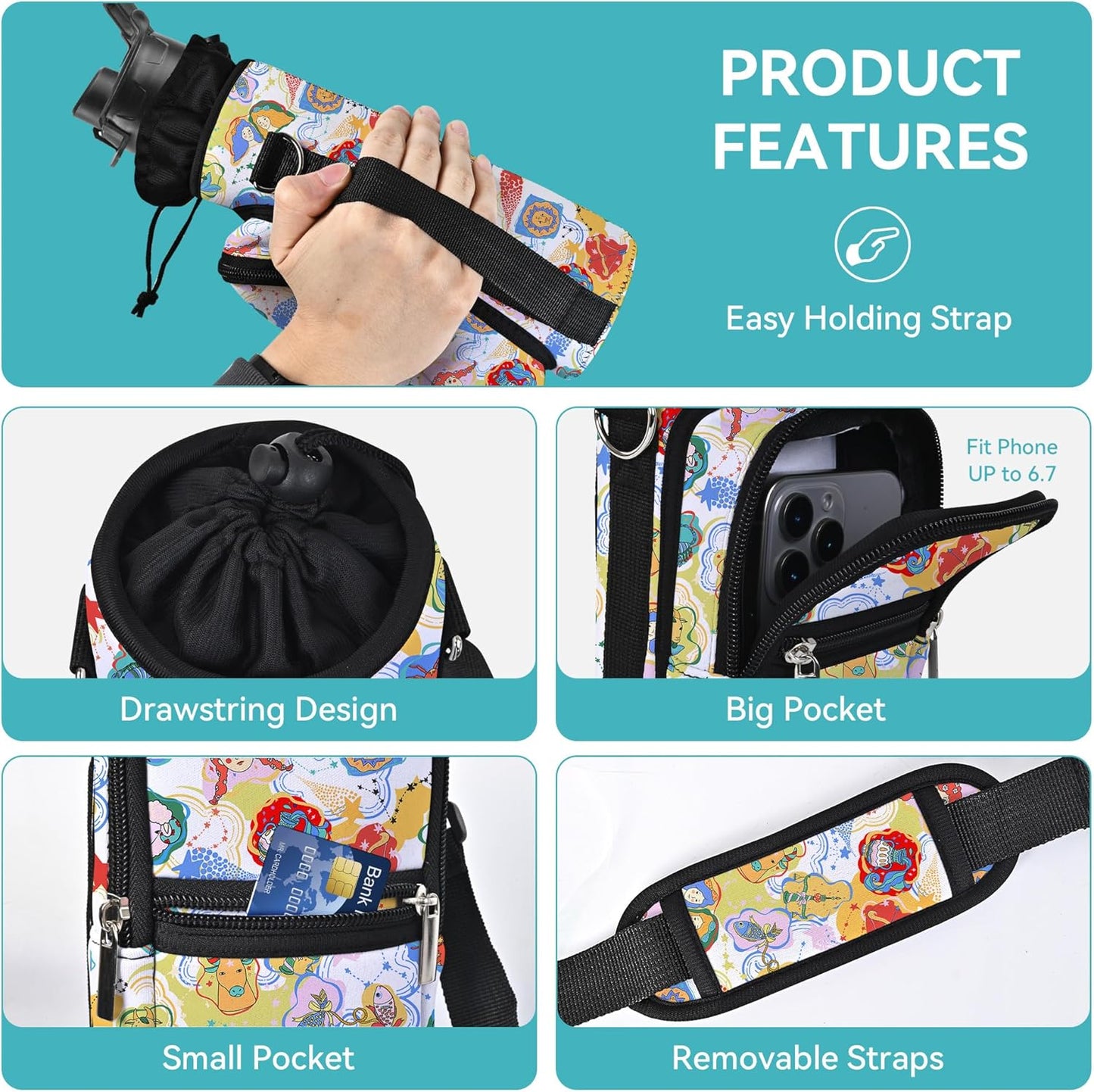 AUPET Water Bottle Sling Bag Sleeve Holder Carrier 25/32/40/64 oz,Insulated Crossbody Water Bottle Case Cover with Strap and Pockets for Men/Women Walking Hiking